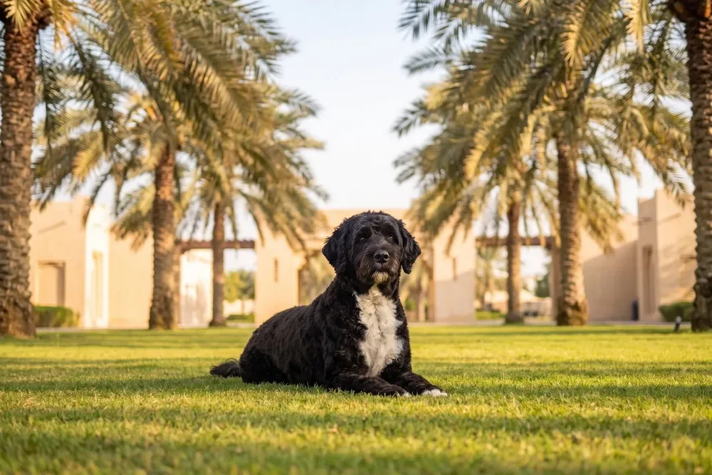 Portuguese Water Dog history, the breed today, a black adult with a white chest on a park lawn, Dubai, 2026