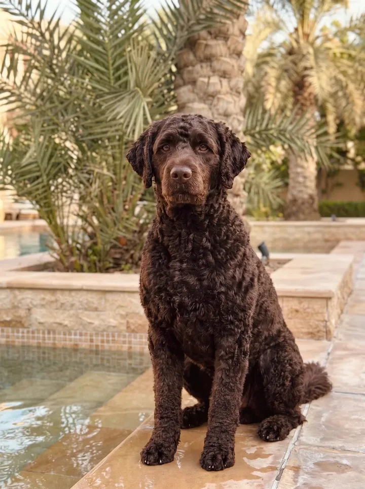 Portuguese Water Dog in Dubai, the same brown adult sitting at the edge of a villa pool, date palms behind
