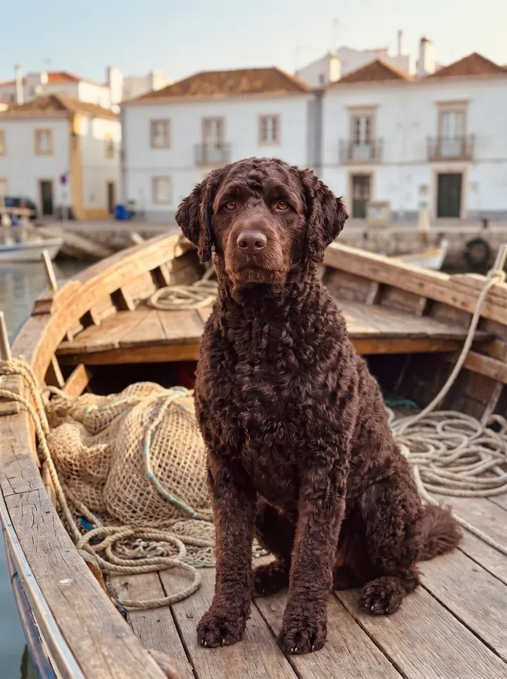 Portuguese Water Dog, a brown adult sitting on the deck of a wooden fishing boat in a Portuguese harbour