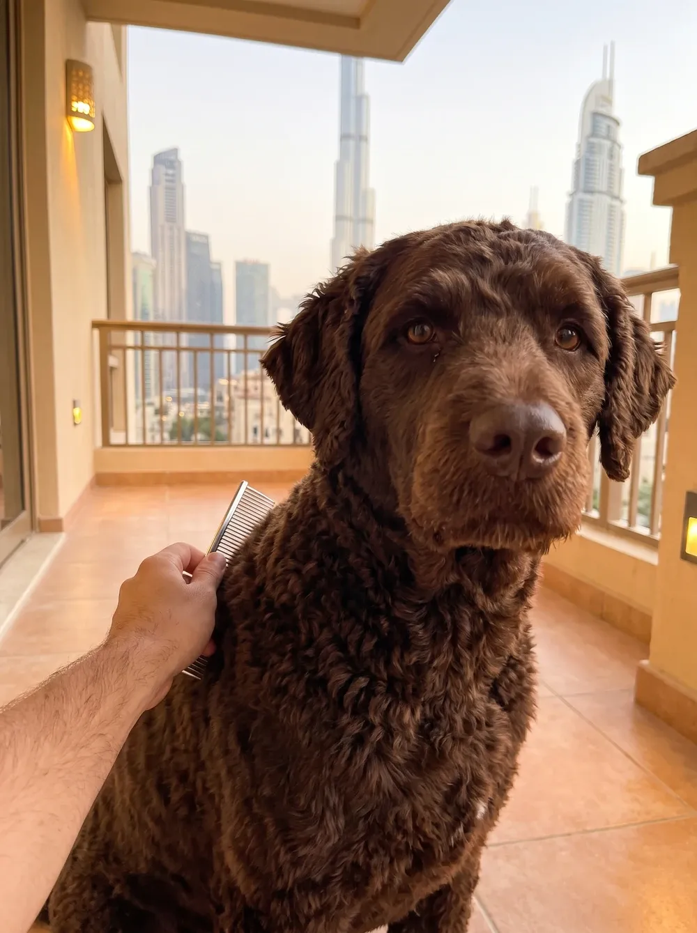 Portuguese Water Dog in Dubai, a brown adult being combed on a balcony, the skyline behind