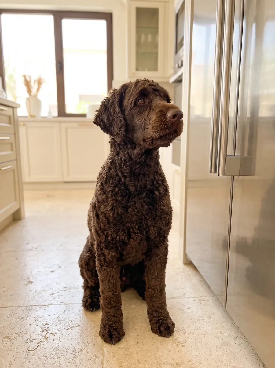 Portuguese Water Dog, a brown adult sitting on a stone kitchen floor, looking towards the fridge