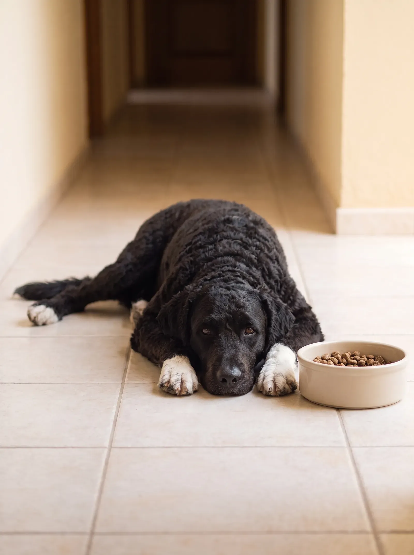 Portuguese Water Dog, a black adult with white paws resting on cool hallway tiles beside a full food bowl
