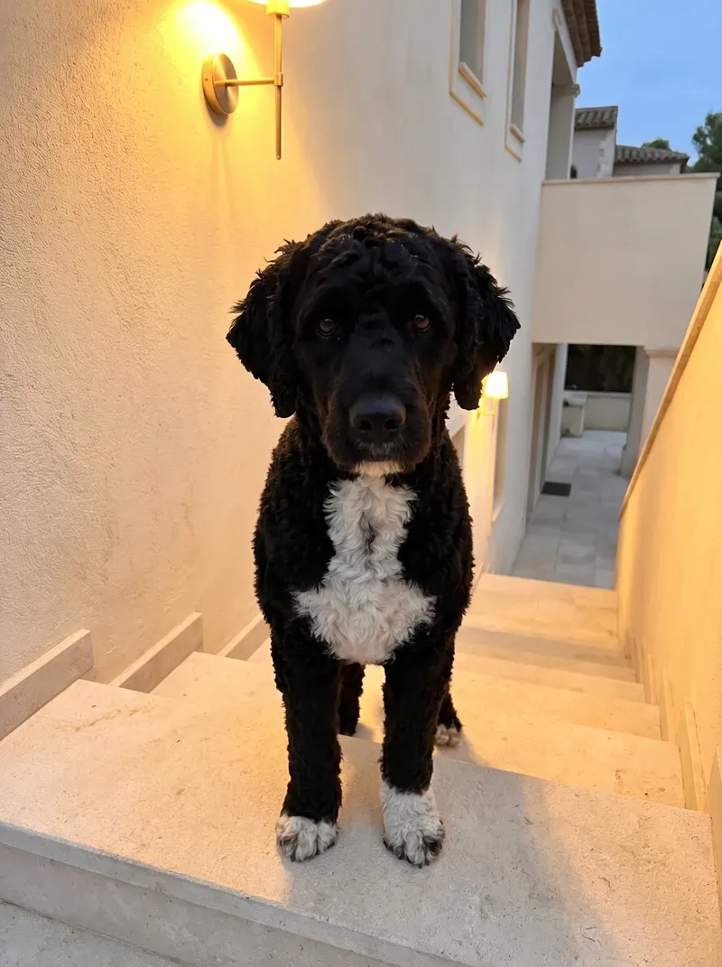 Portuguese Water Dog, a black adult with a white chest pausing at the top of stone stairs by a brass wall light