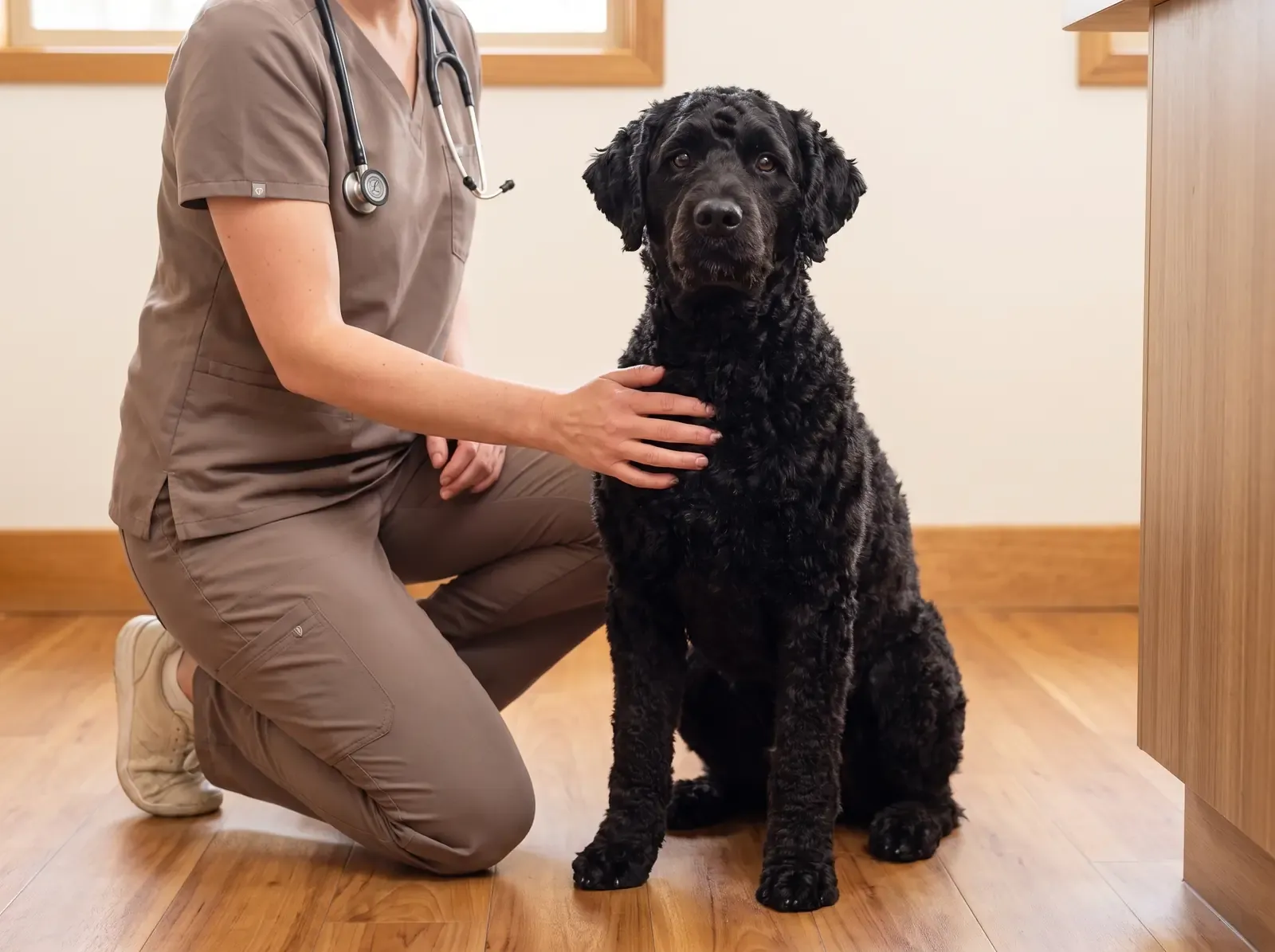 Portuguese Water Dog, a black adult sitting on a timber floor as a vet in taupe scrubs rests a hand on their shoulder
