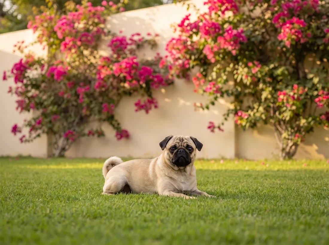 Pug, a fawn adult lying on a villa lawn, pink bougainvillea on the cream wall behind