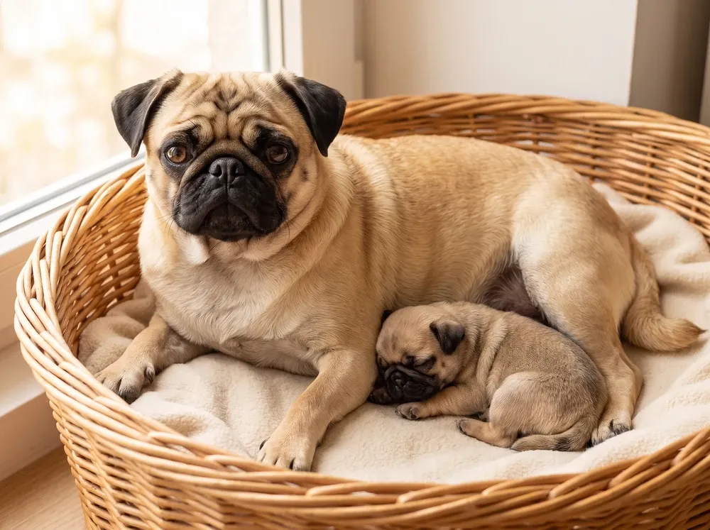Pug, a fawn mother lying in a wicker basket with a sleeping puppy tucked alongside