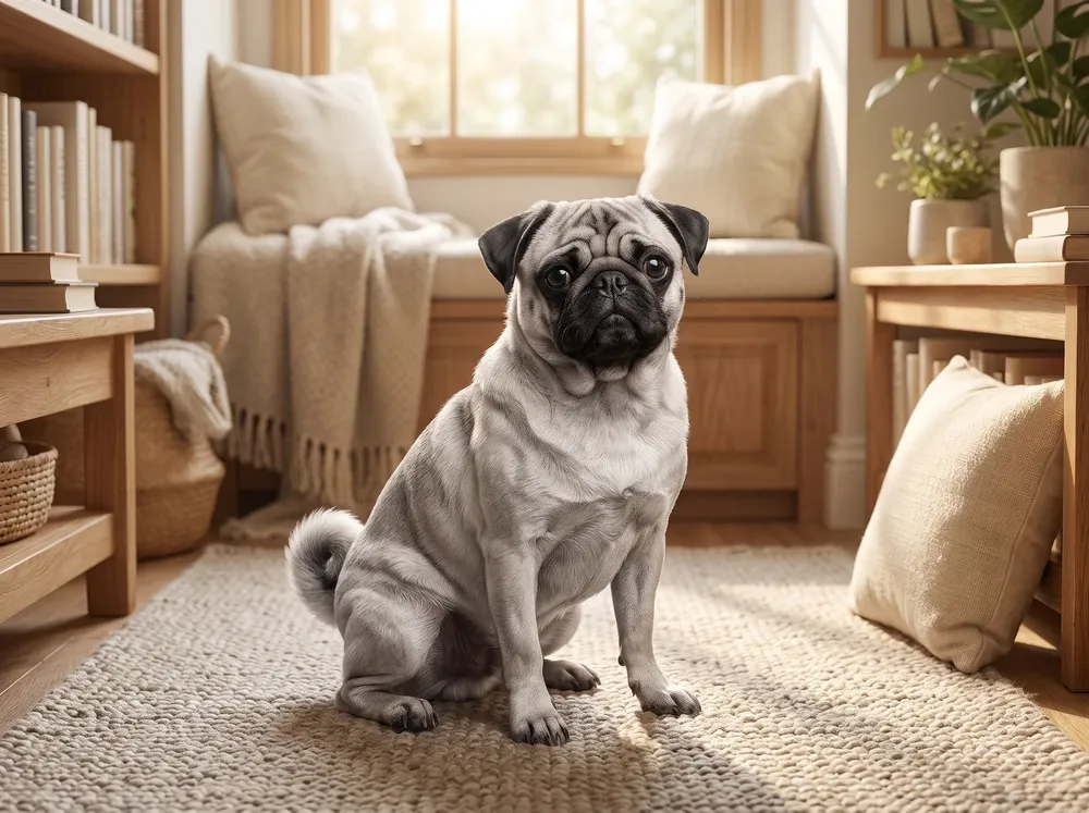 Pug, a silver fawn adult with a black mask sitting on a stone-coloured rug