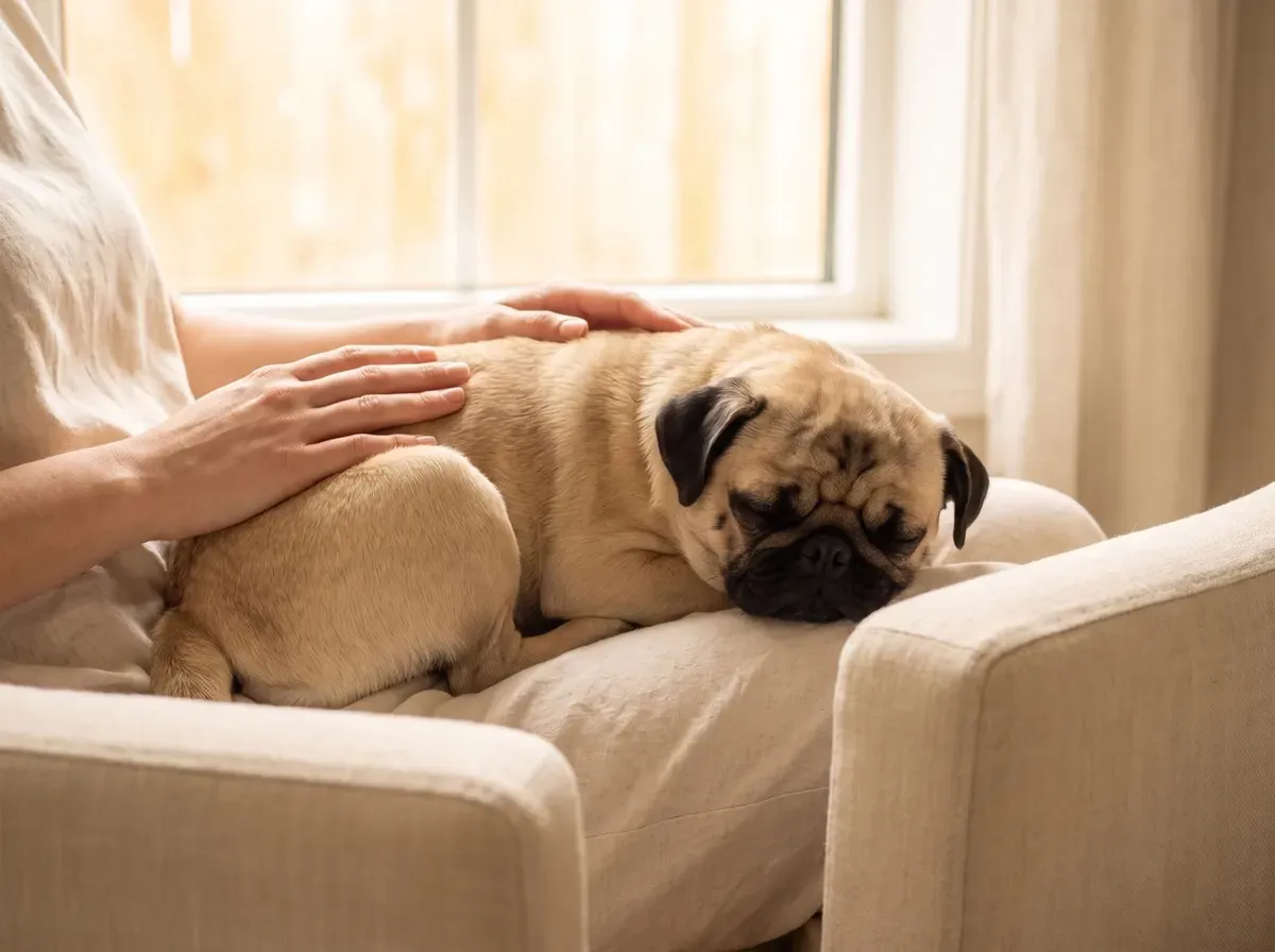 Pug, a fawn puppy asleep in a pet parent's lap in a linen armchair