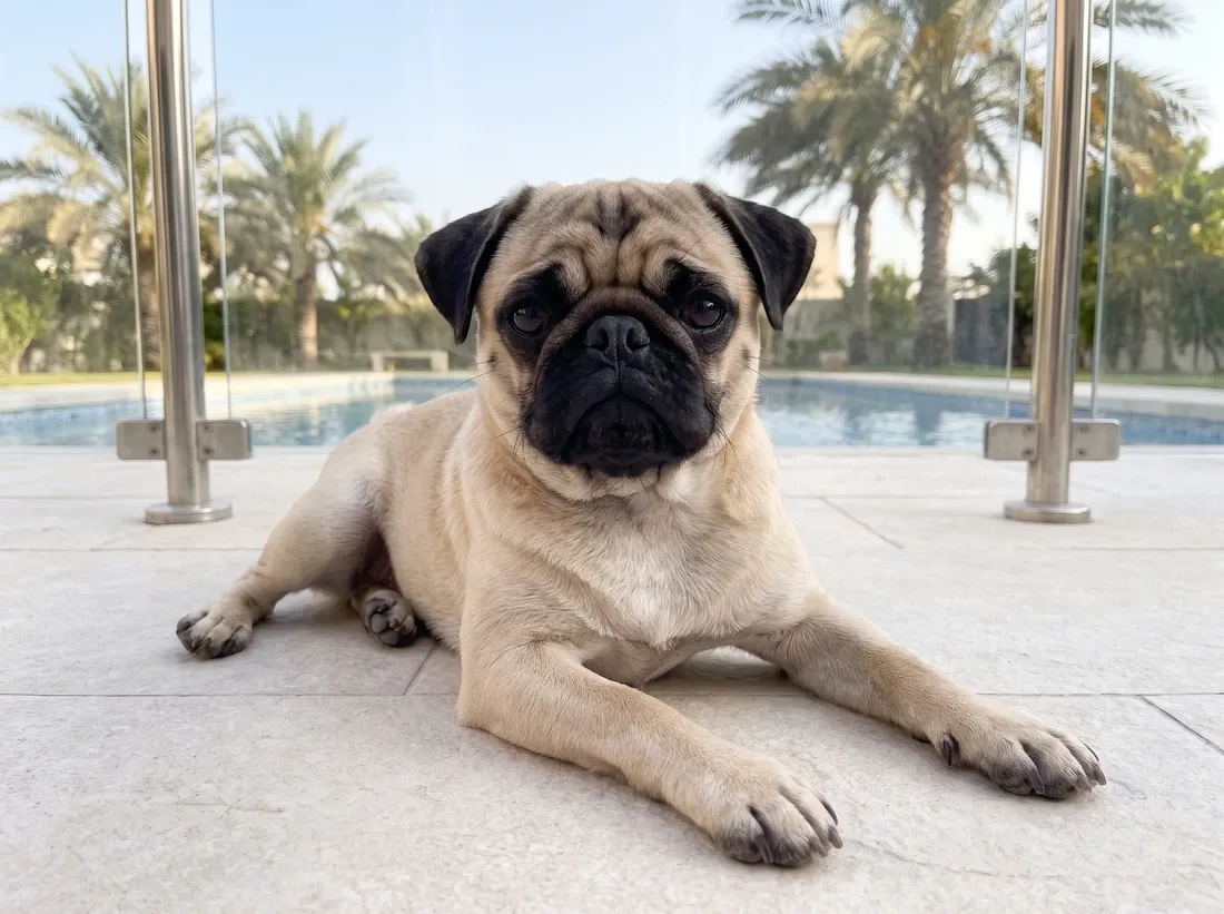 Pug in Dubai, a fawn adult lying on a villa terrace by a glass pool fence, date palms beyond
