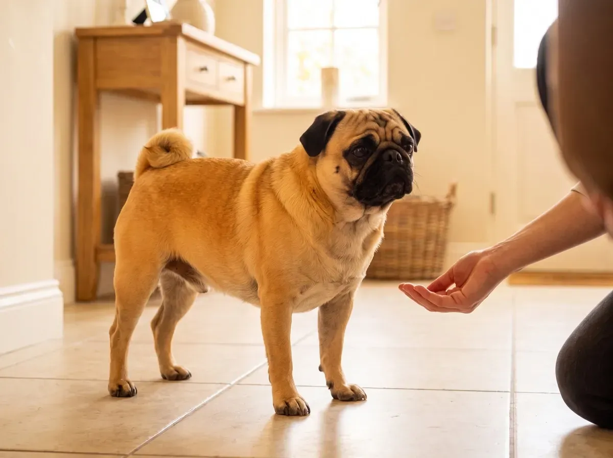 Pug, a pet parent holding a hand out low to meet a calm fawn adult in a tiled hallway