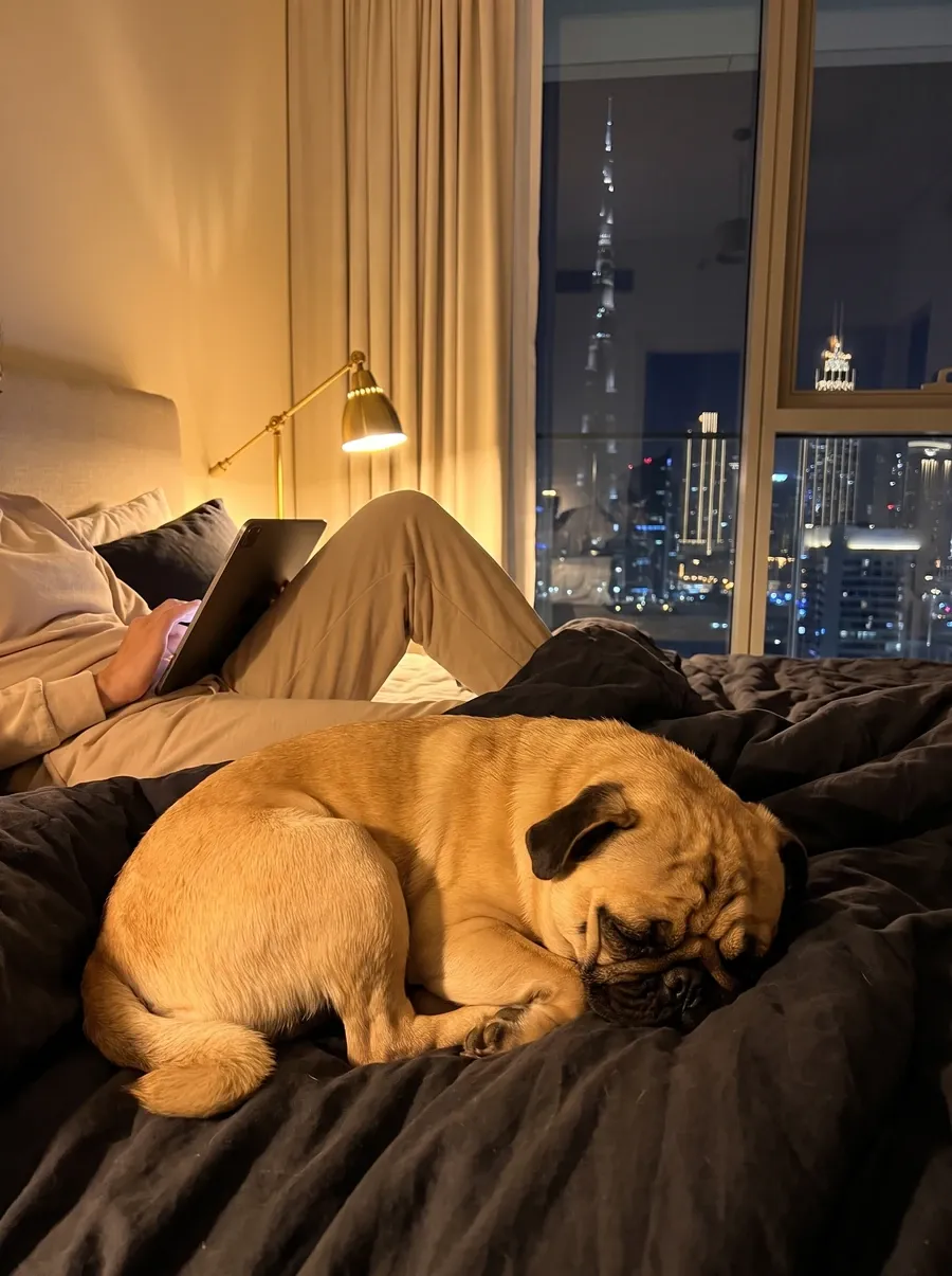 Pug in Dubai, a fawn adult asleep on a dark duvet beside a pet parent on a tablet, the skyline beyond