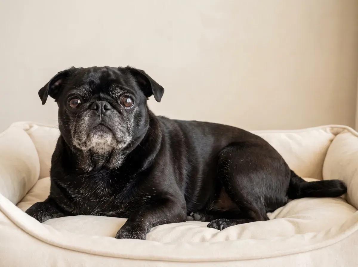 Pug, an older black dog with a greying muzzle lying on a cream dog bed