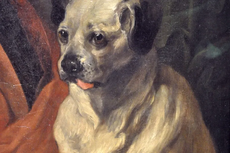 Pug history, Trump, William Hogarth's pale fawn dog, from the painter's self-portrait, England, 1745