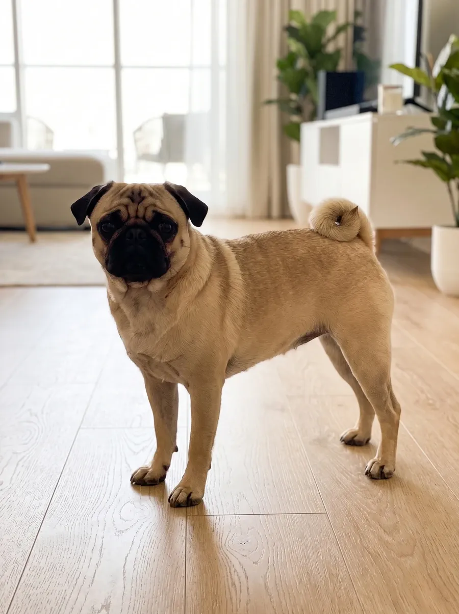 Pug, the same fawn adult standing on the timber floor of a bright flat