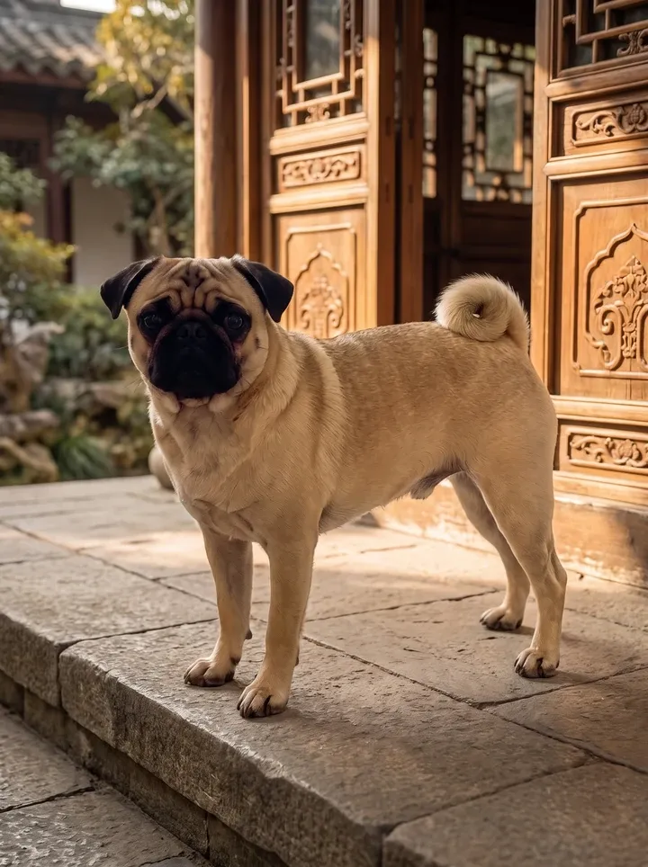 Pug, a fawn adult standing on the stone step of a carved wooden doorway in an old Chinese courtyard
