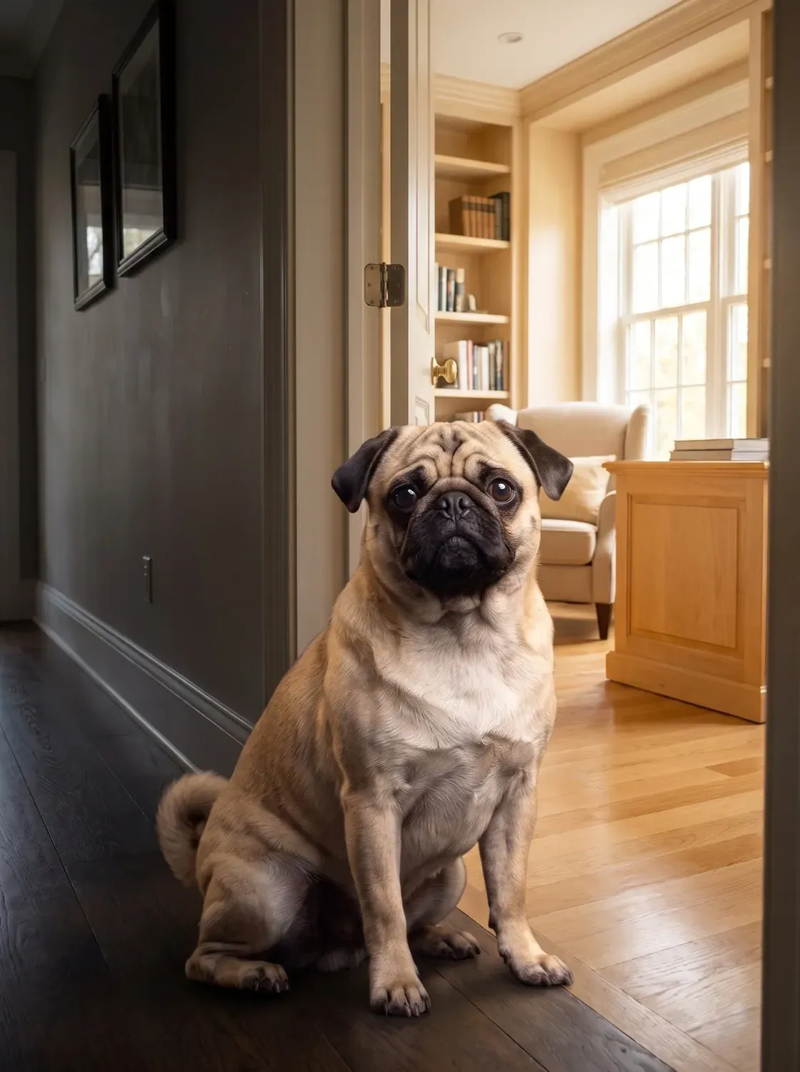 Pug, a fawn adult sitting in a doorway at home, waiting for a pet parent