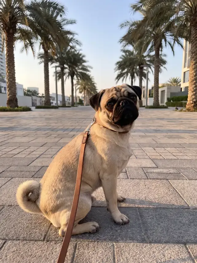 Pug in Dubai, a fawn adult on a slack lead sitting on a palm-lined path at dawn, looking back
