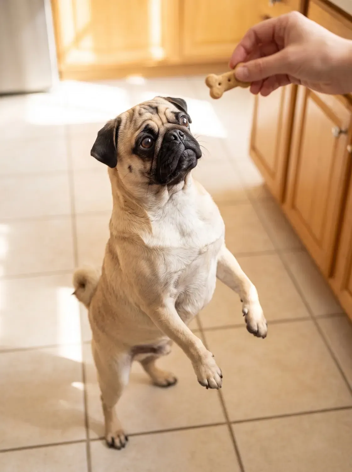 Pug, a fawn adult up on the back legs in a kitchen, eyeing a biscuit in a hand