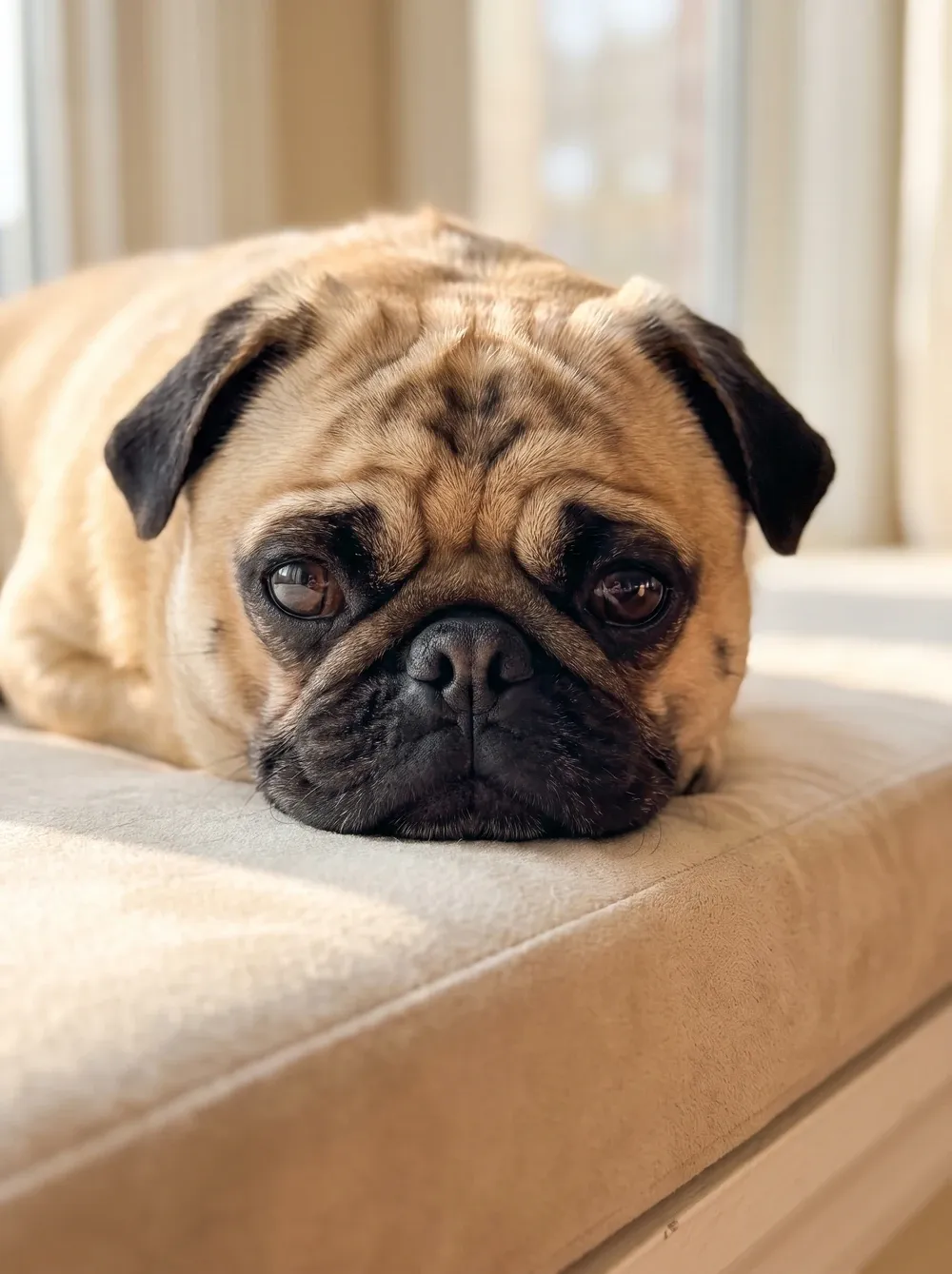 Pug, a close portrait of a fawn dog's face and large dark eyes, resting on a window seat