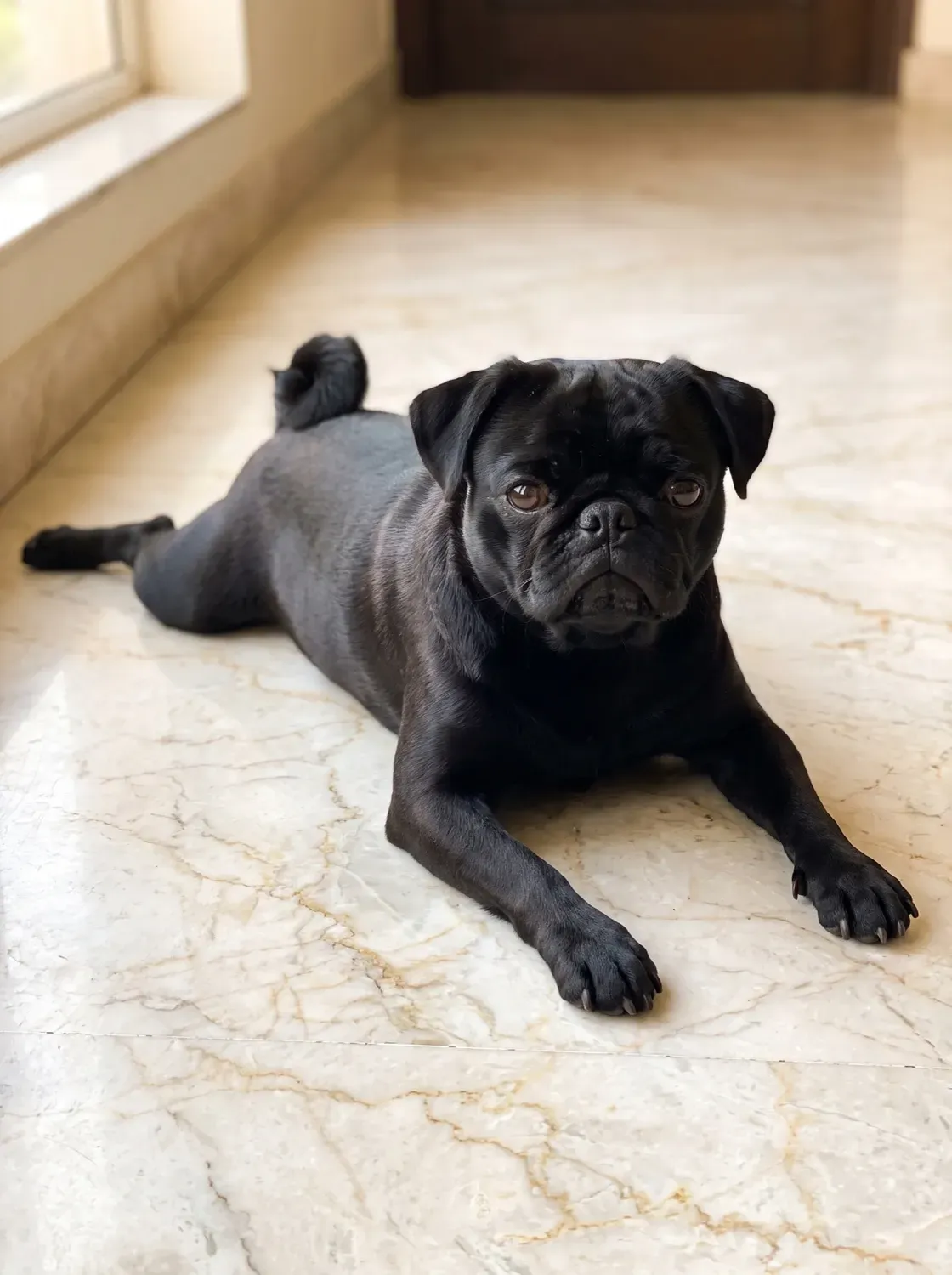 Pug, a black adult lying belly down on a cool marble hallway floor, back legs stretched out