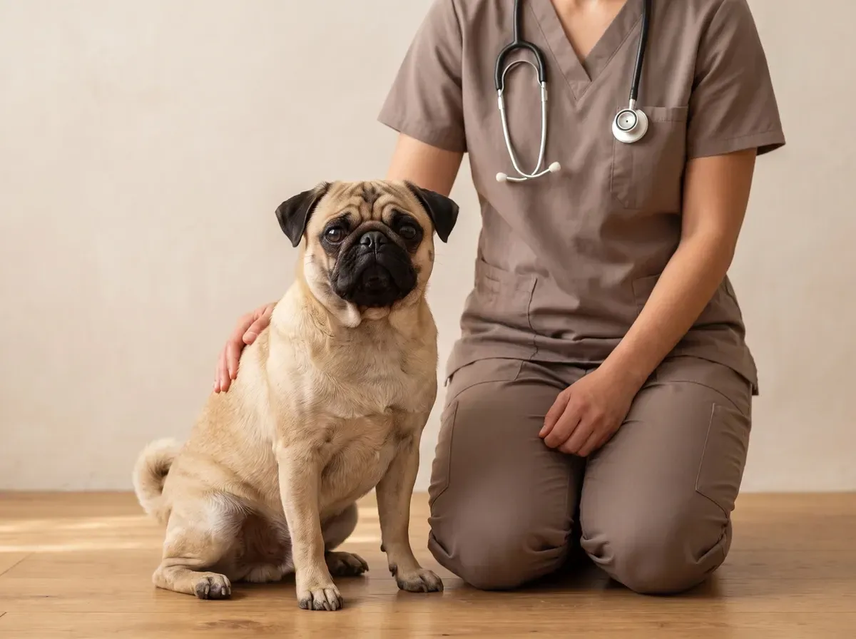 Pug, a fawn adult sitting beside a vet in taupe scrubs, one hand resting on the dog's back