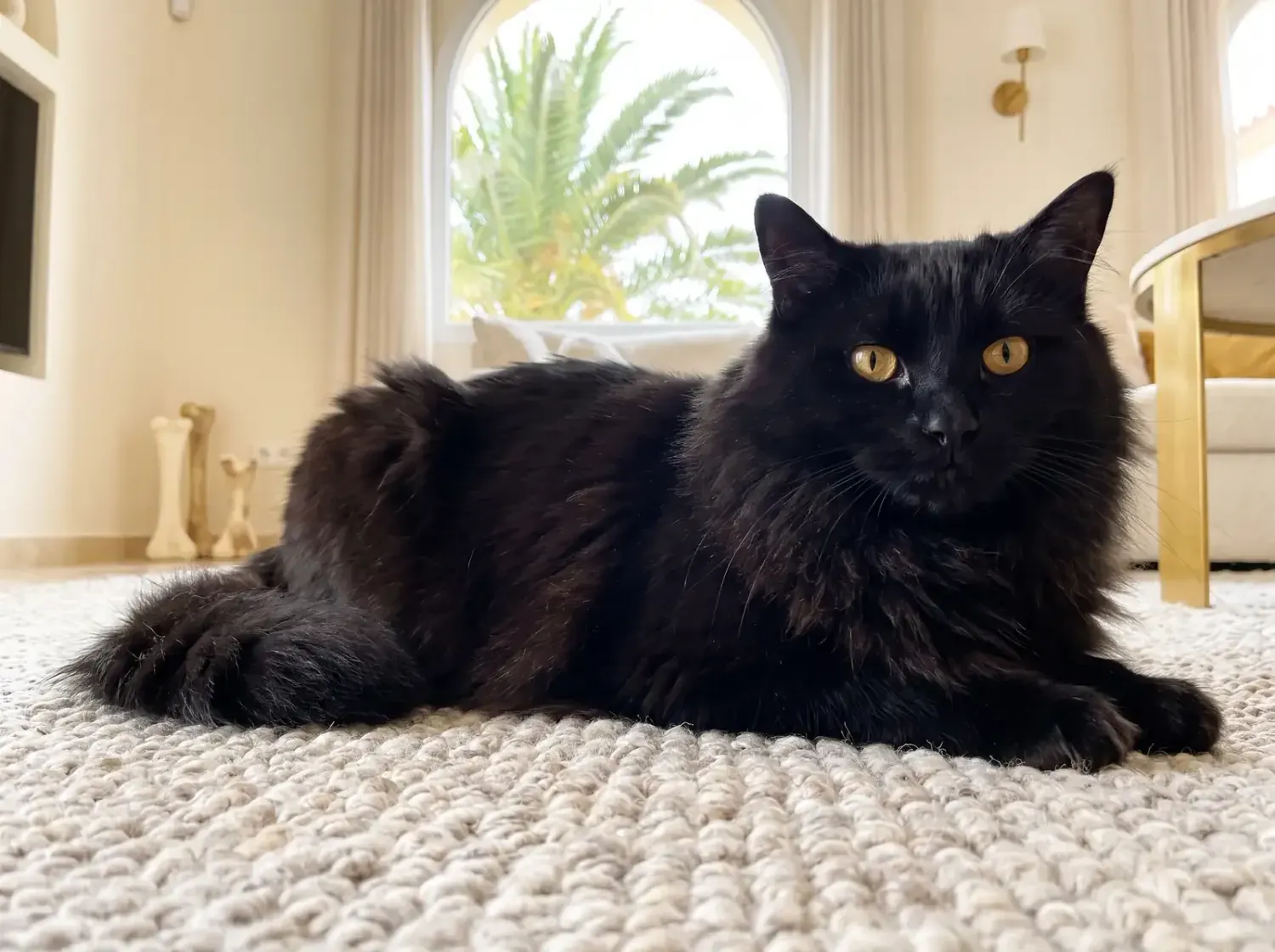 Ragamuffin in Dubai, a black young cat lying on a wool rug, palms through an arched window
