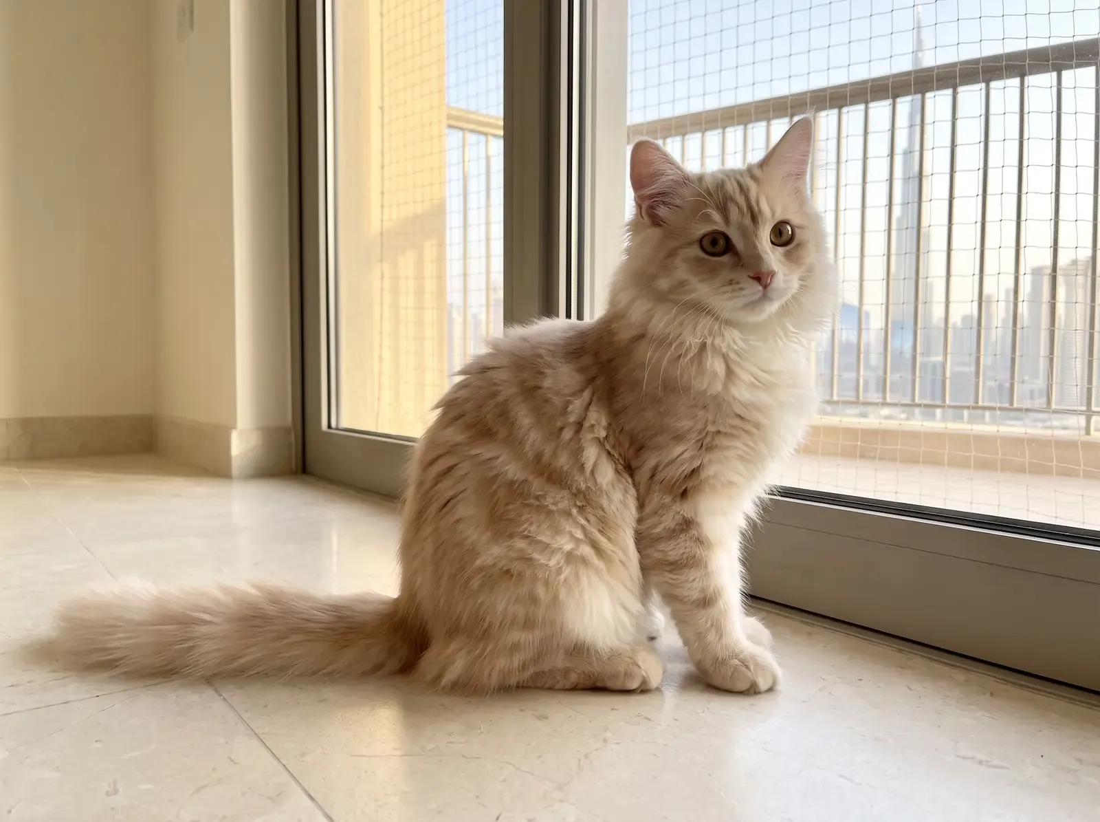 Ragamuffin in Dubai, a cream tabby kitten by a netted balcony door, the skyline outside