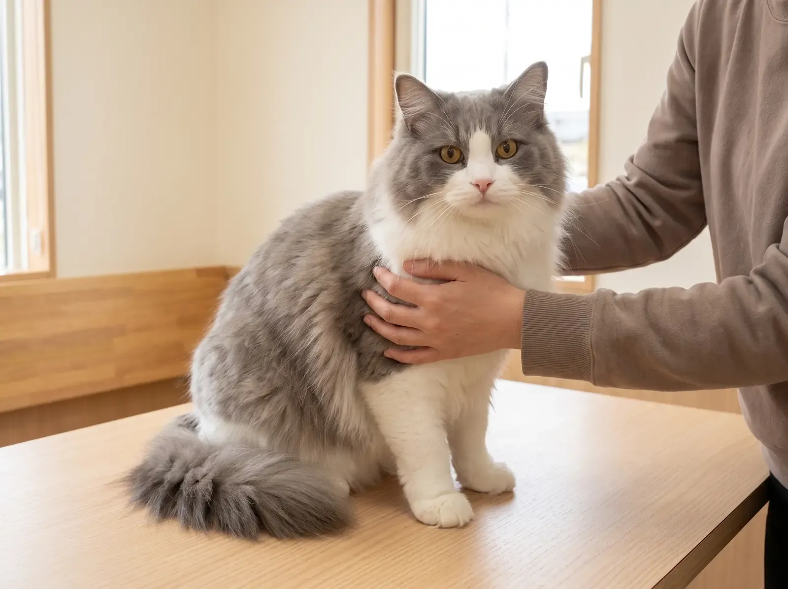 Ragamuffin, a blue and white adult sitting calmly on a consultation table, steadied by hands