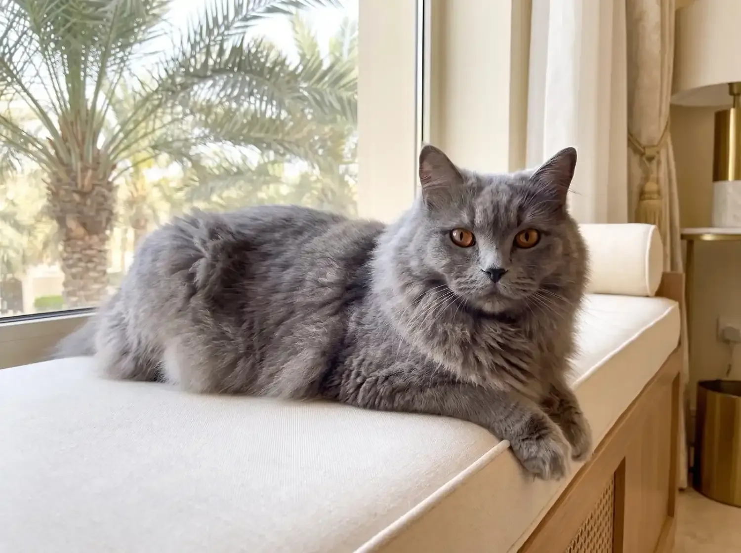 Ragamuffin in Dubai, an older blue cat resting on a window seat, date palms outside