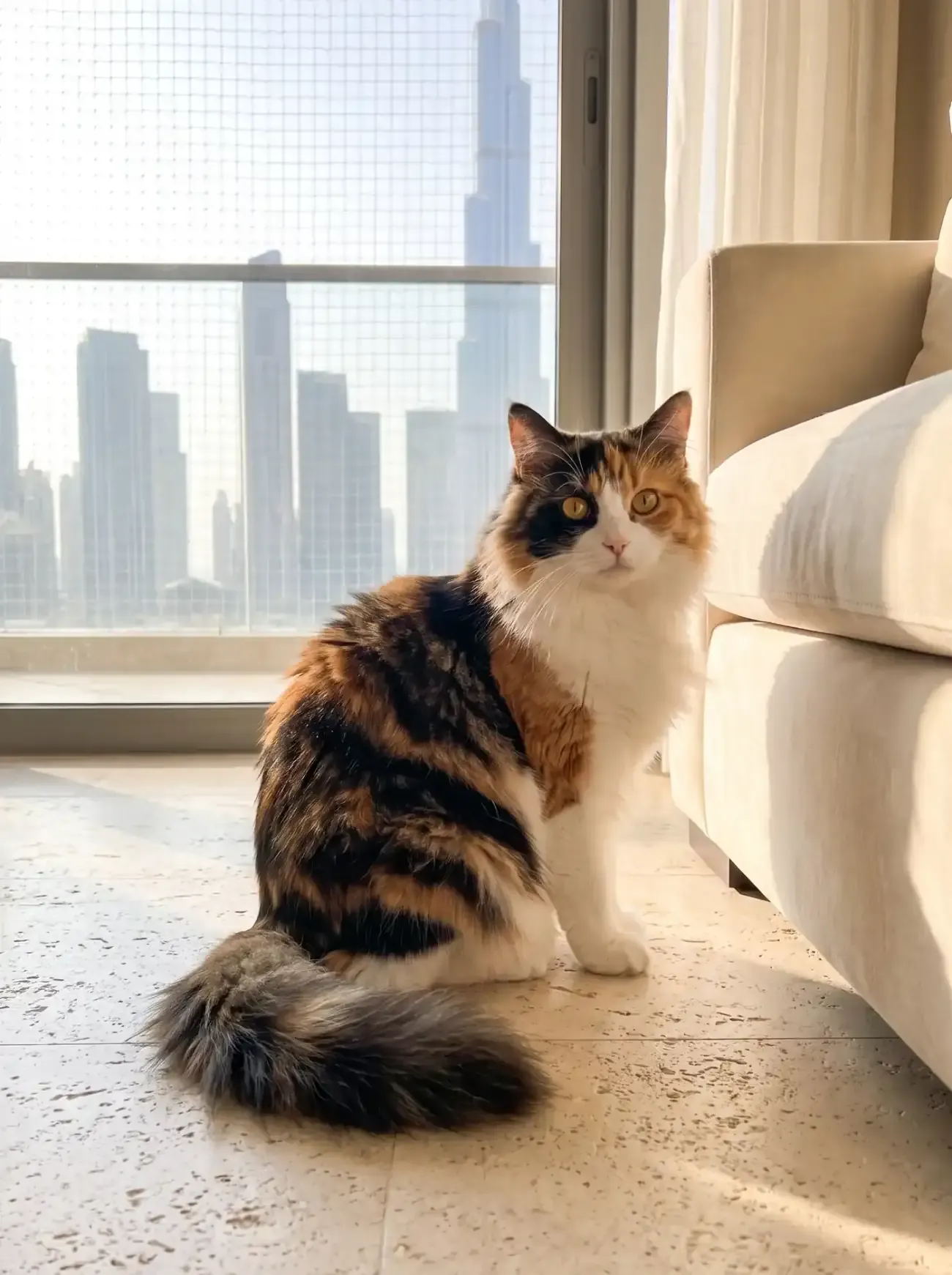 Ragamuffin in Dubai, the same cat sitting by a netted balcony door, the skyline outside
