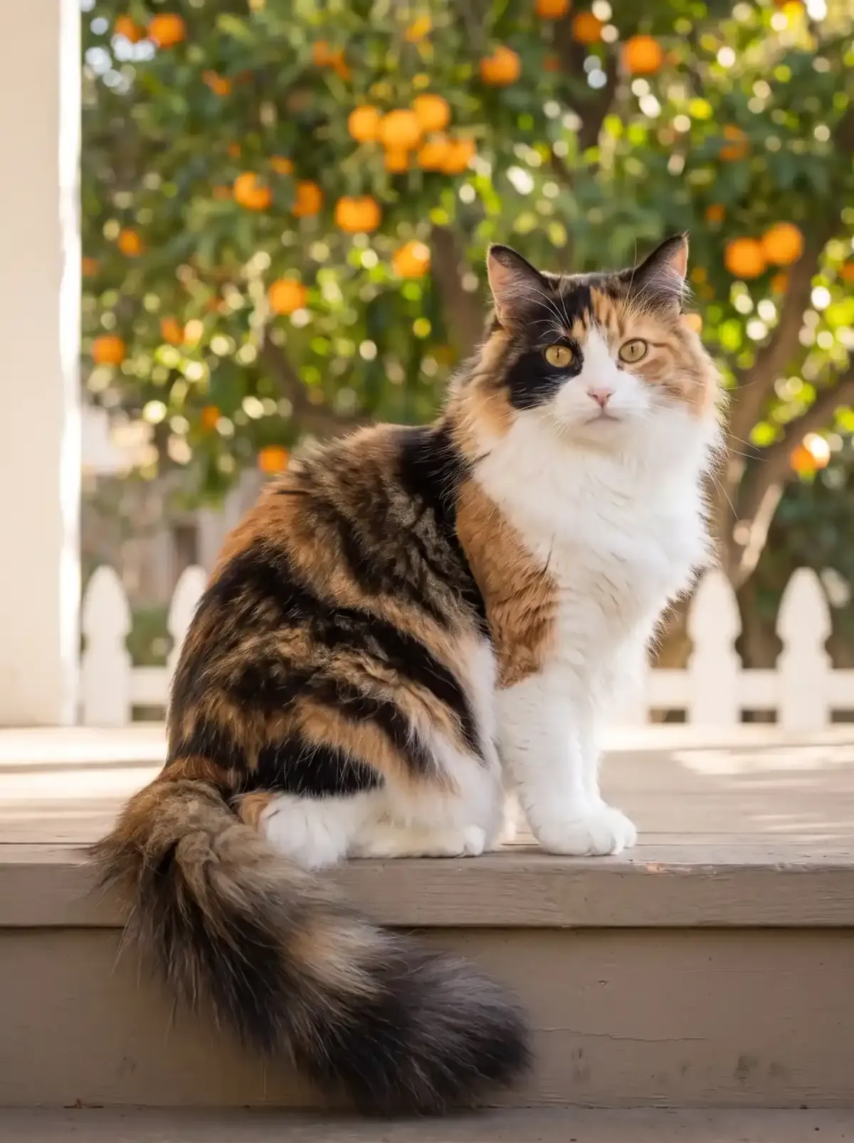 Ragamuffin, a tortoiseshell and white adult sitting on the porch step of an old Californian bungalow
