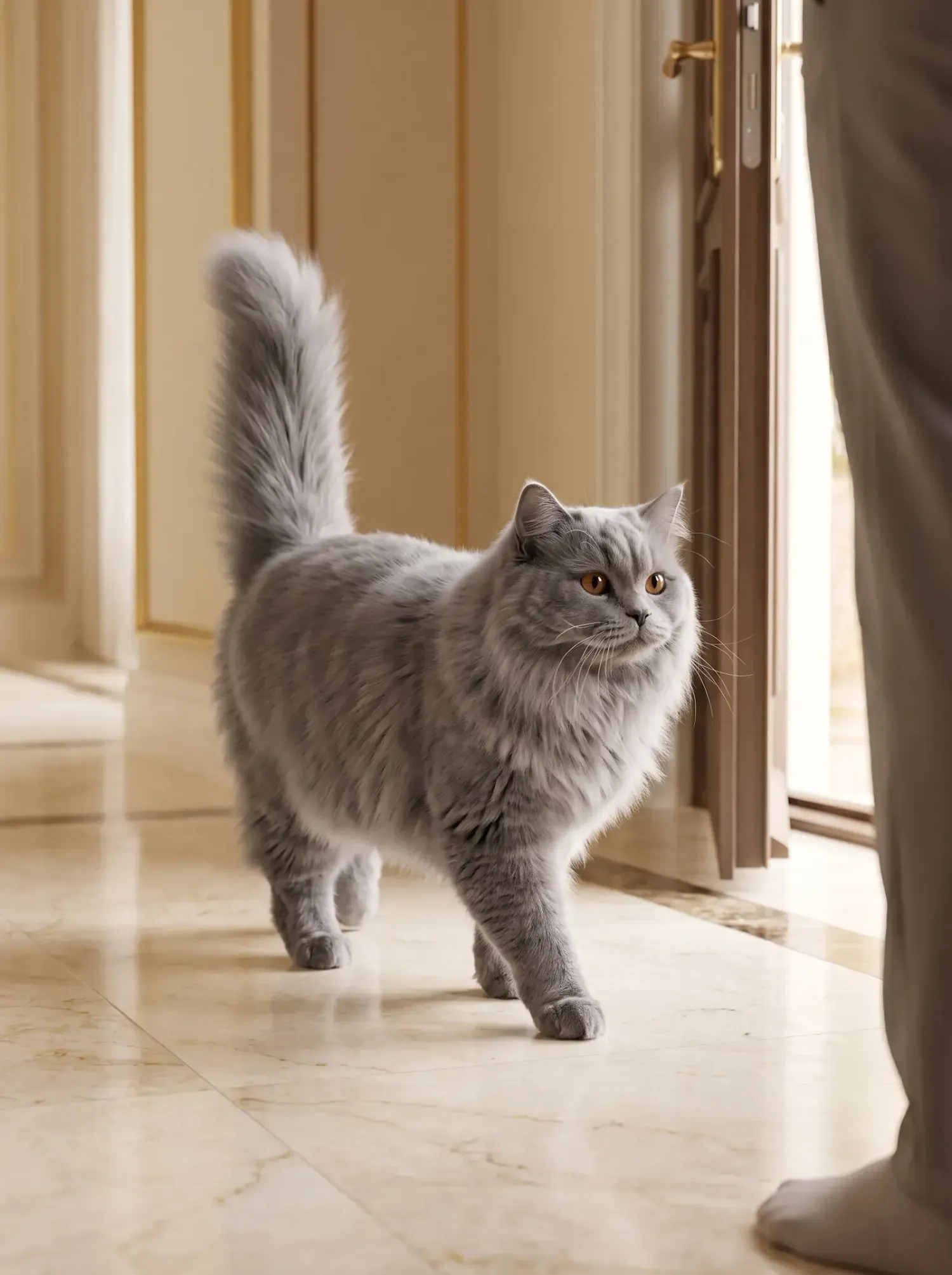 Ragamuffin, a blue adult walking across a marble hallway with tail up towards a visitor at the door