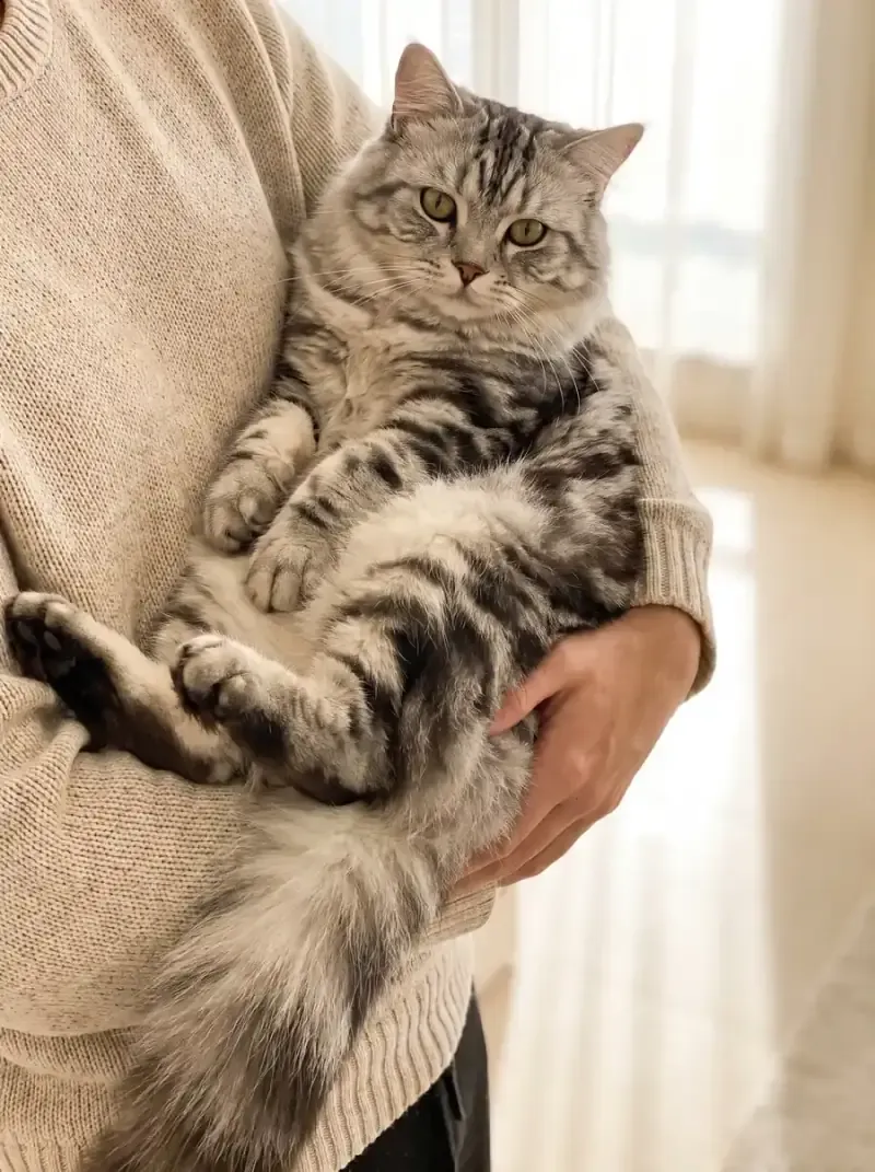 Ragamuffin, a silver tabby adult lying floppy and relaxed in a pet parent's arms