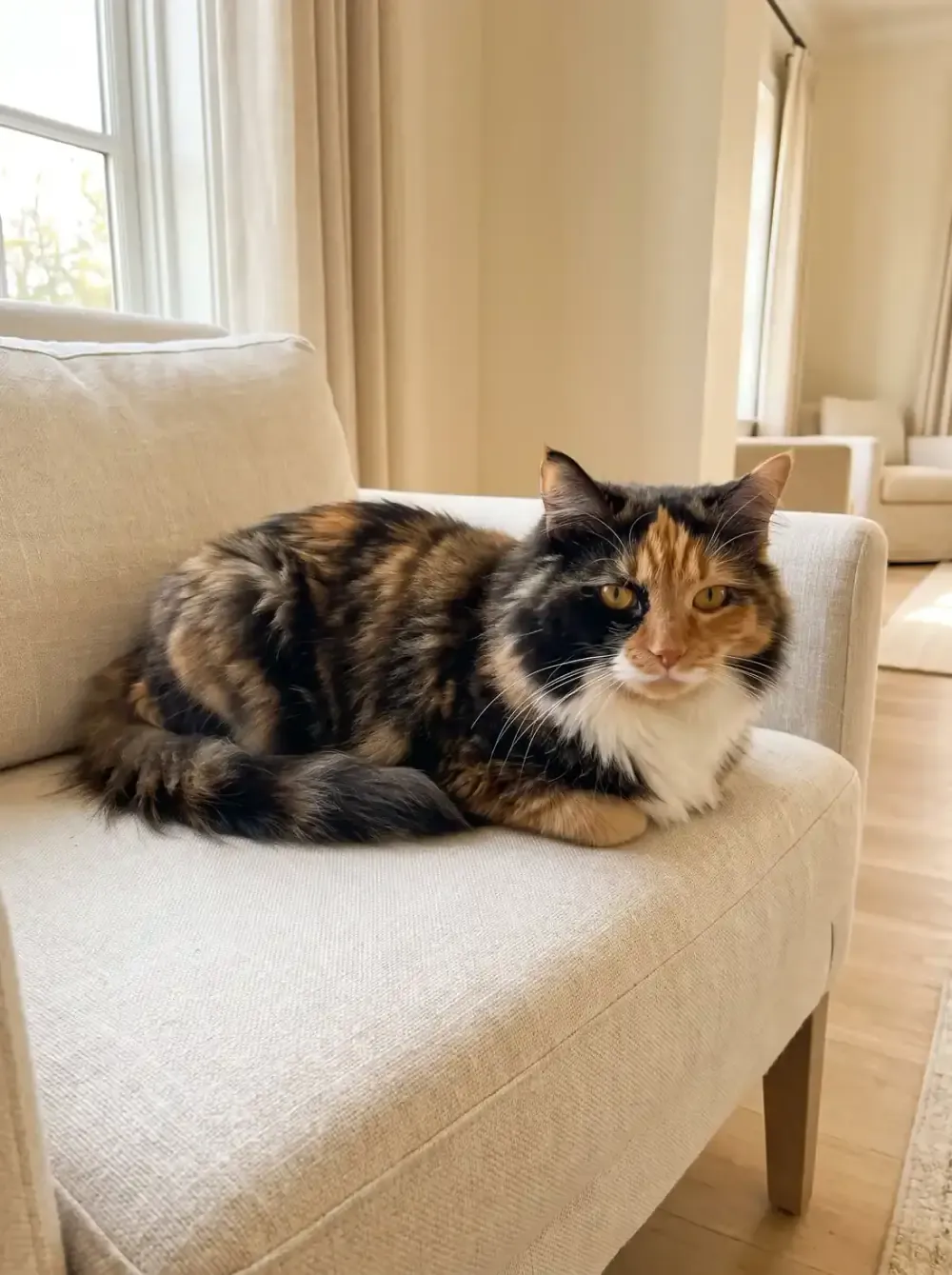 Ragamuffin, a tortoiseshell and white adult resting quietly on a cream linen armchair