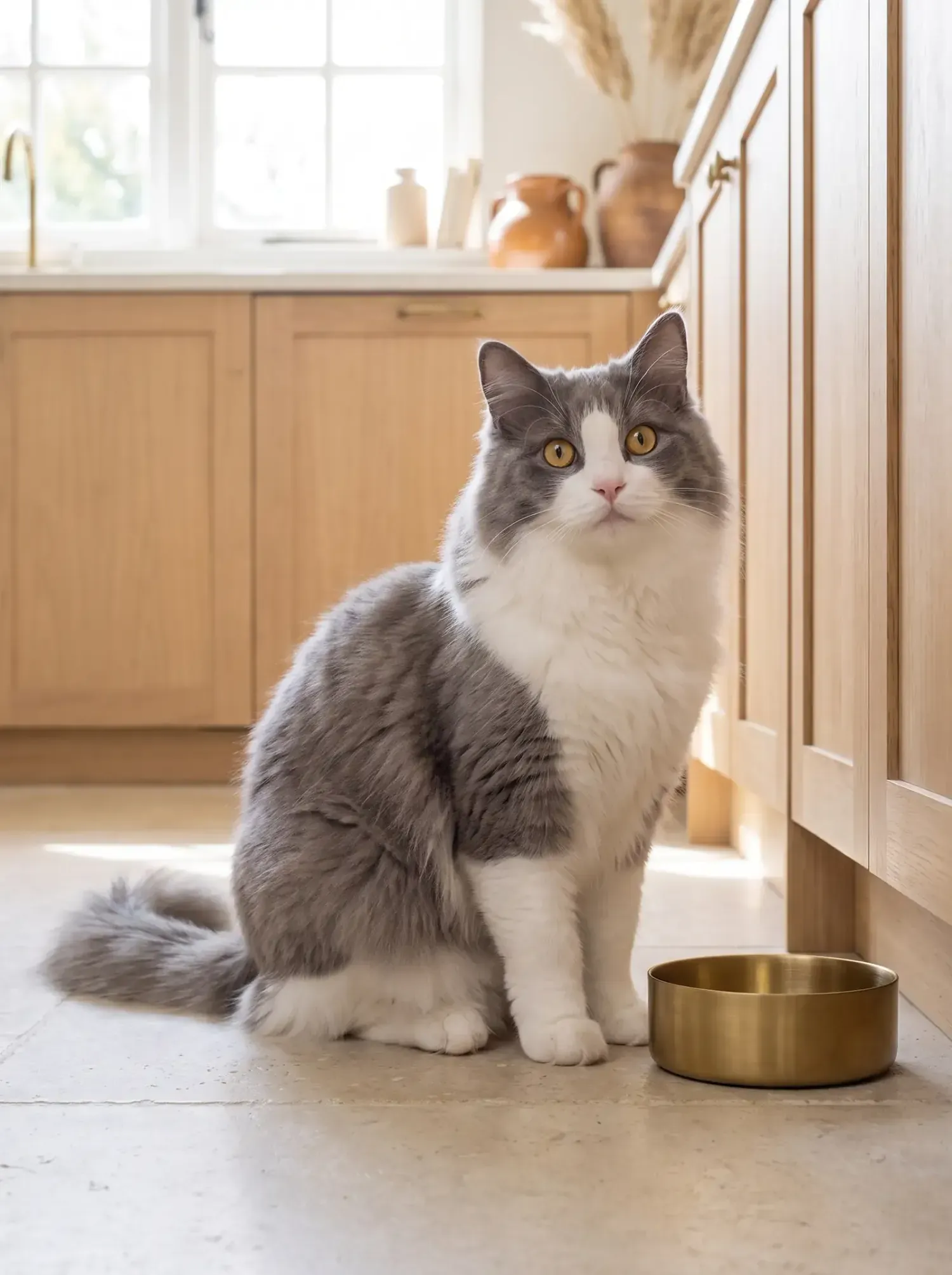 Ragamuffin, a young blue and white cat sitting beside a brass food bowl on a kitchen floor