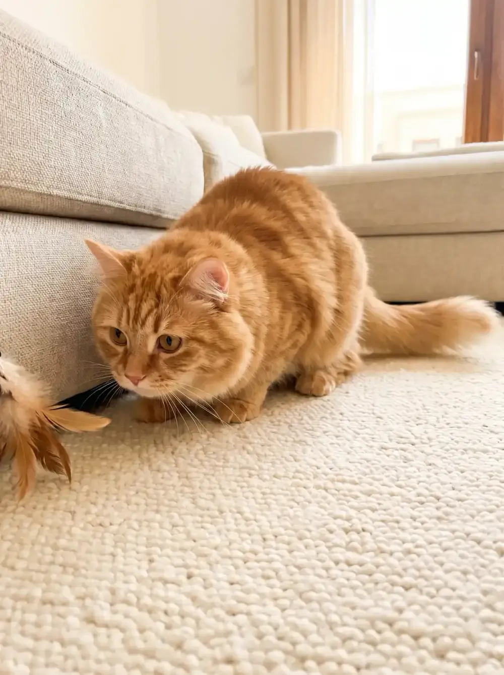 Ragamuffin, a red tabby adult crouched on a wool rug, watching a feather toy by the sofa