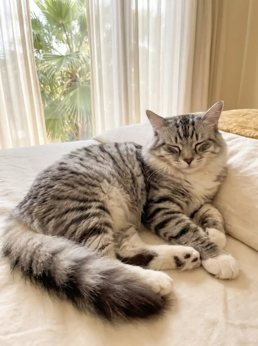 Ragamuffin in Dubai, a silver tabby and white adult asleep on a linen bed, palms outside
