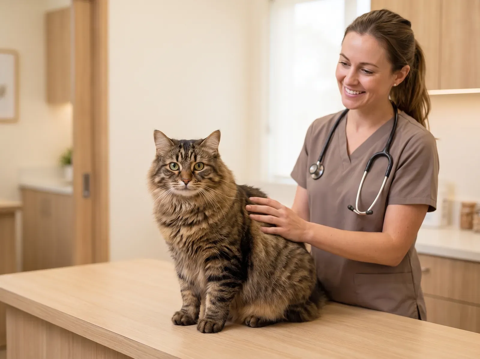 Ragamuffin, a brown tabby adult on a consultation table beside a smiling vet in taupe scrubs