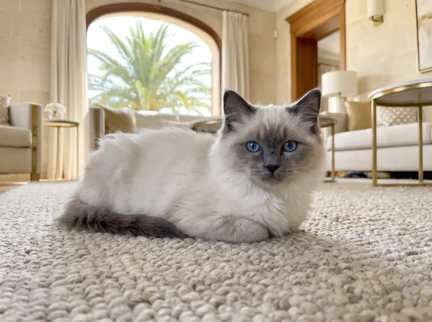 Ragdoll in Dubai, a blue point kitten lying on a wool rug, palms through an arched window