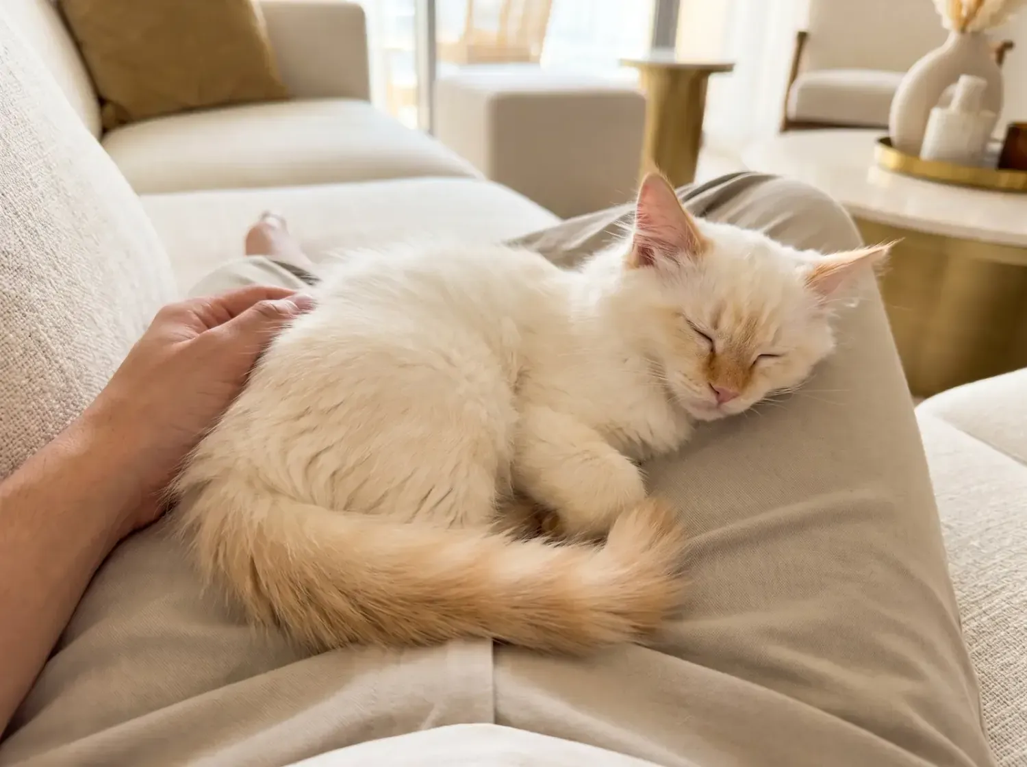 Ragdoll, a flame point kitten asleep in a pet parent's lap on a linen sofa