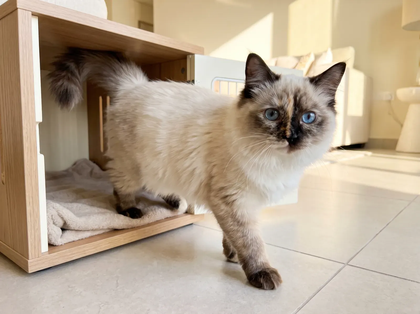 Ragdoll, a seal tortie point kitten stepping out of an open carrier with a blanket inside