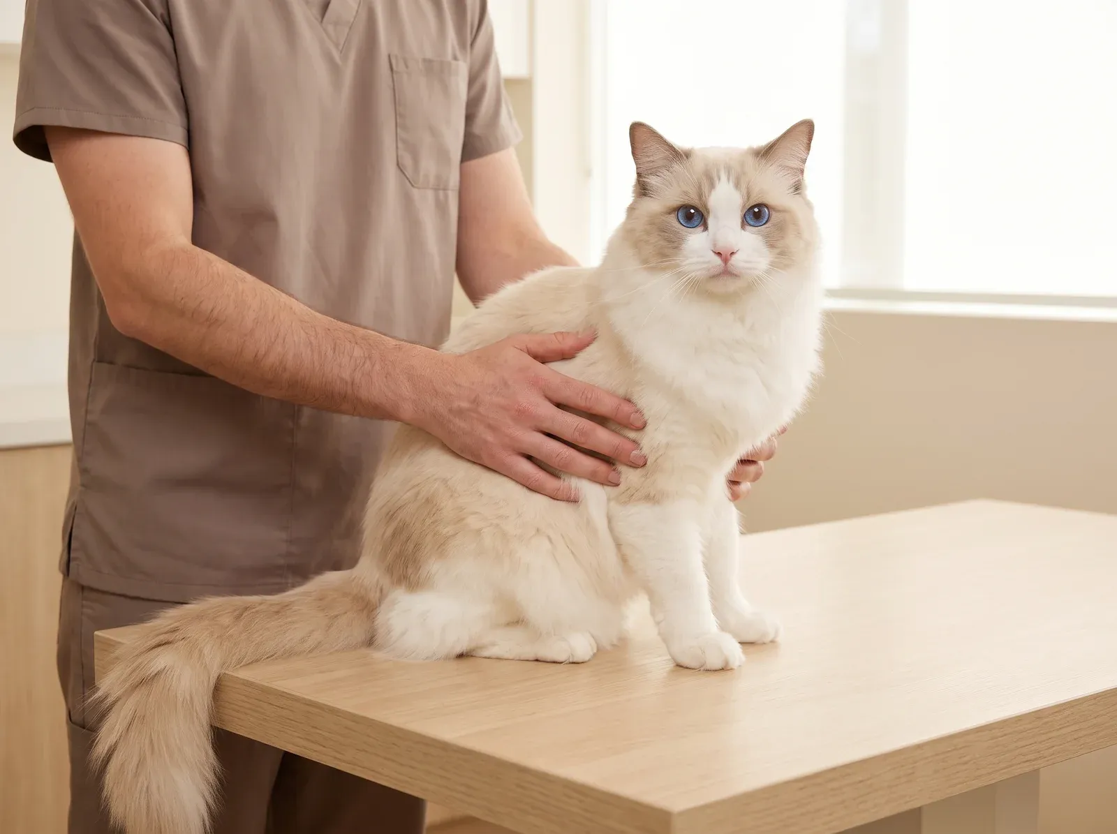 Ragdoll, a cream bicolour adult sitting calmly on a consultation table, steadied by hands in taupe scrubs