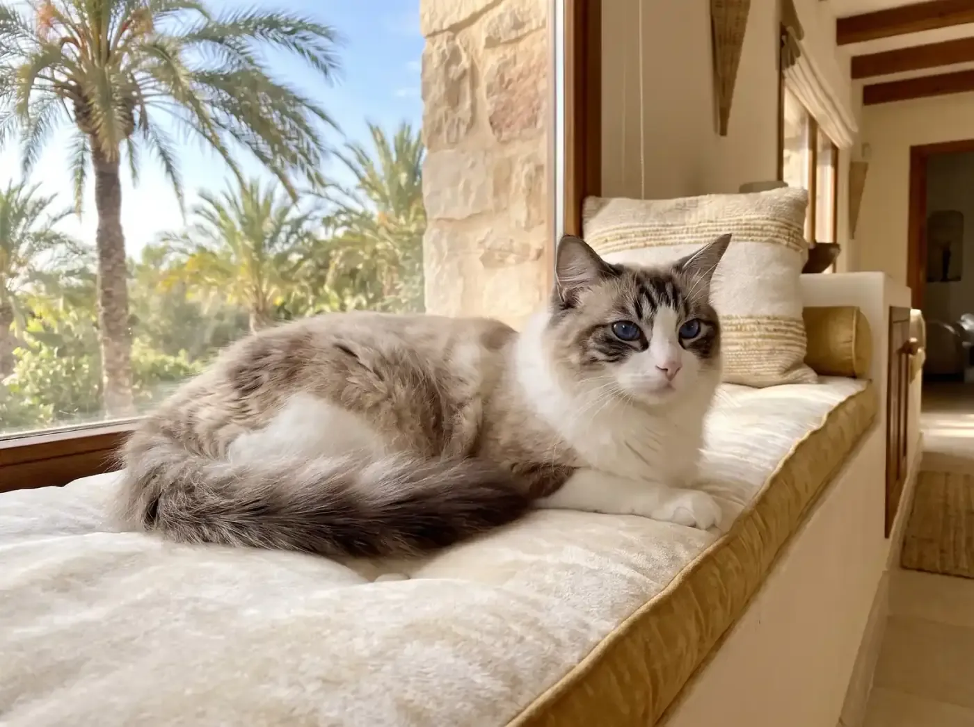 Ragdoll in Dubai, an older seal lynx bicolour cat resting on a window seat, date palms outside