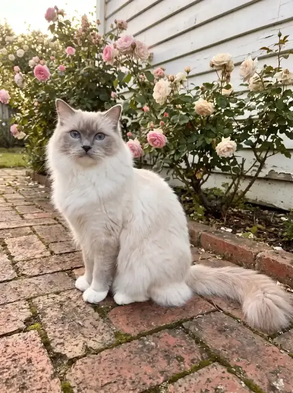 Ragdoll, a lilac mitted adult sitting on a brick path in an old Californian rose garden