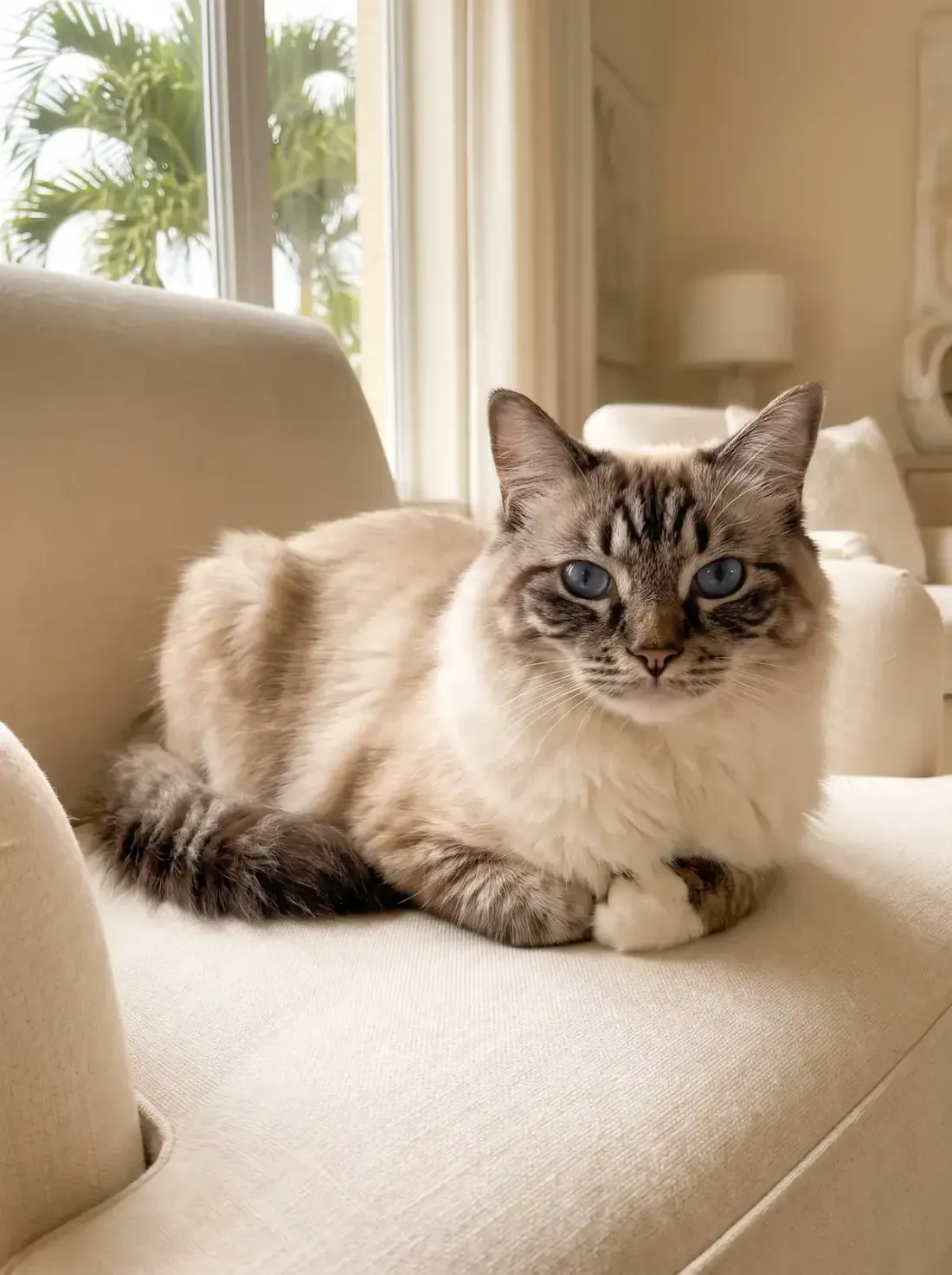Ragdoll in Dubai, a seal lynx mitted adult resting quietly on a cream armchair, palms outside