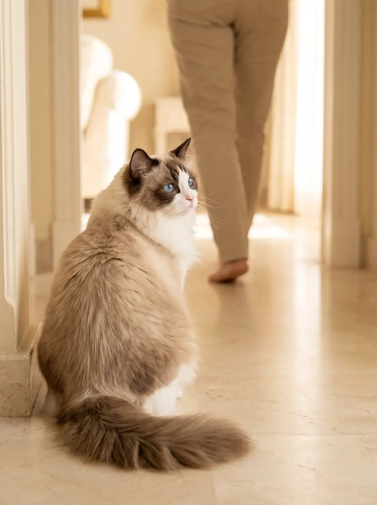 Ragdoll, a chocolate bicolour adult in a marble hallway, watching a pet parent walk away