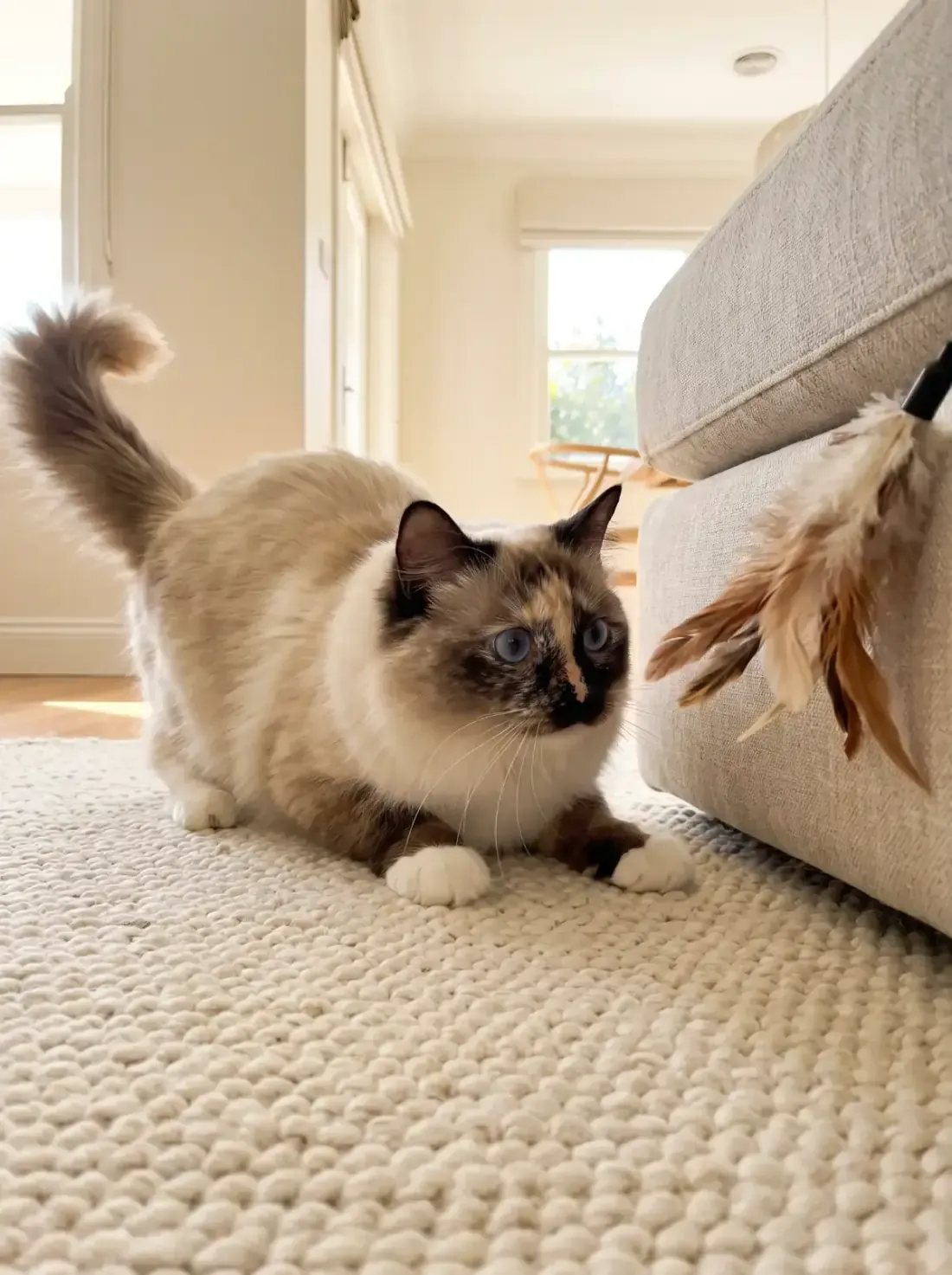 Ragdoll, a seal tortie mitted adult crouched on a wool rug, eyes on a feather toy