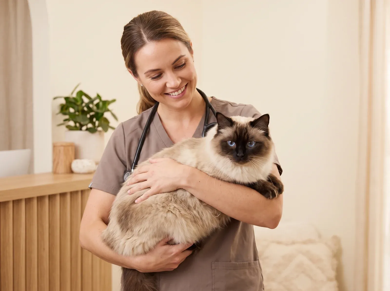 Ragdoll, a seal point adult held in the arms of a smiling vet in taupe scrubs