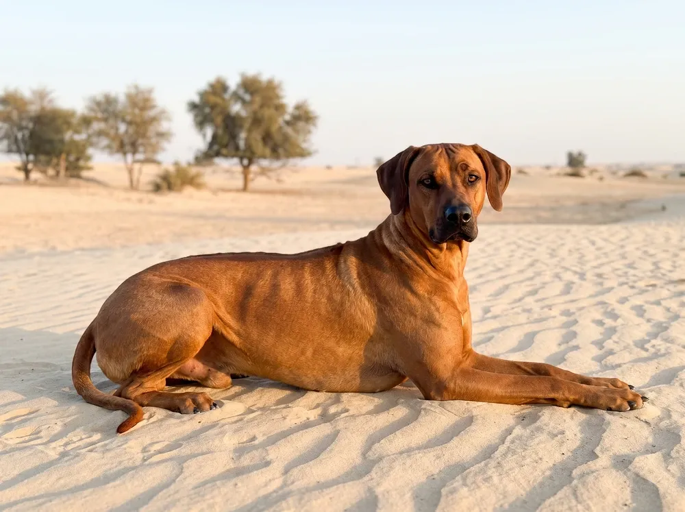 Rhodesian Ridgeback in Dubai, a red wheaten adult lying with head up on pale desert sand, ghaf trees behind