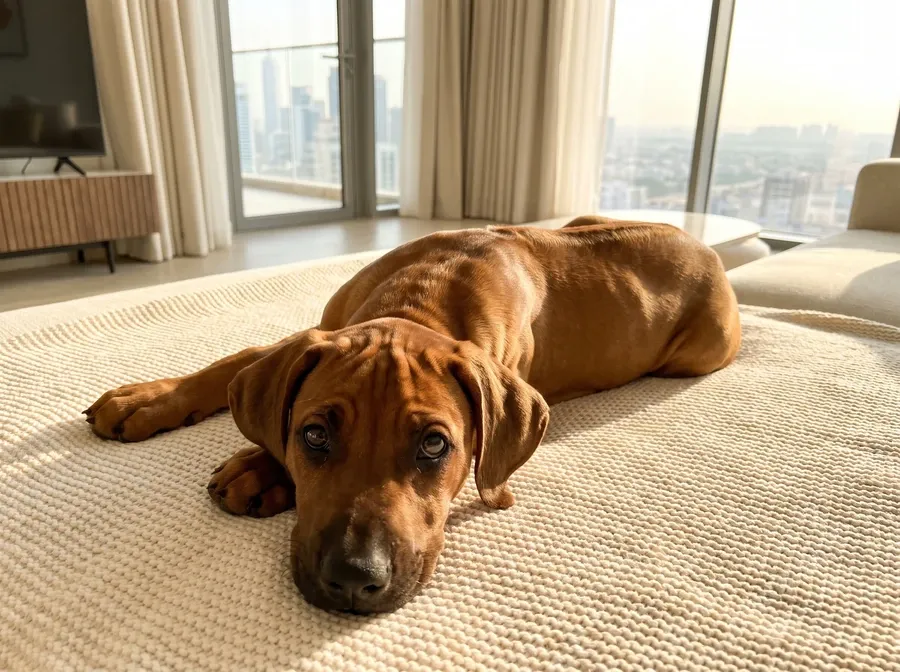 Rhodesian Ridgeback in Dubai, a red wheaten puppy on a cream blanket, the ridge along the back, the skyline outside